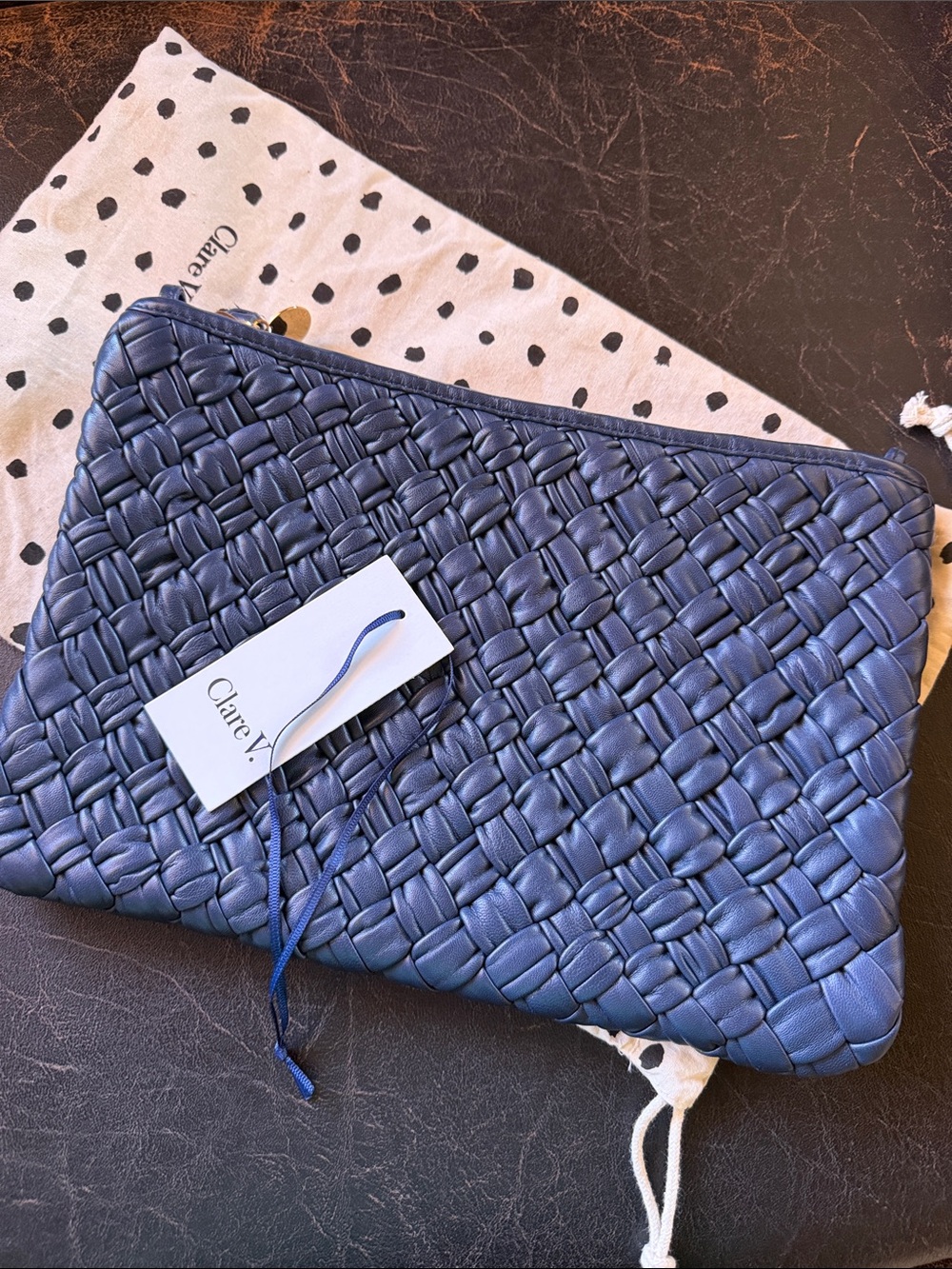 Clare V Flat Clutch With Tabs - Bright Navy Puffy Woven - Picture 1 of 6